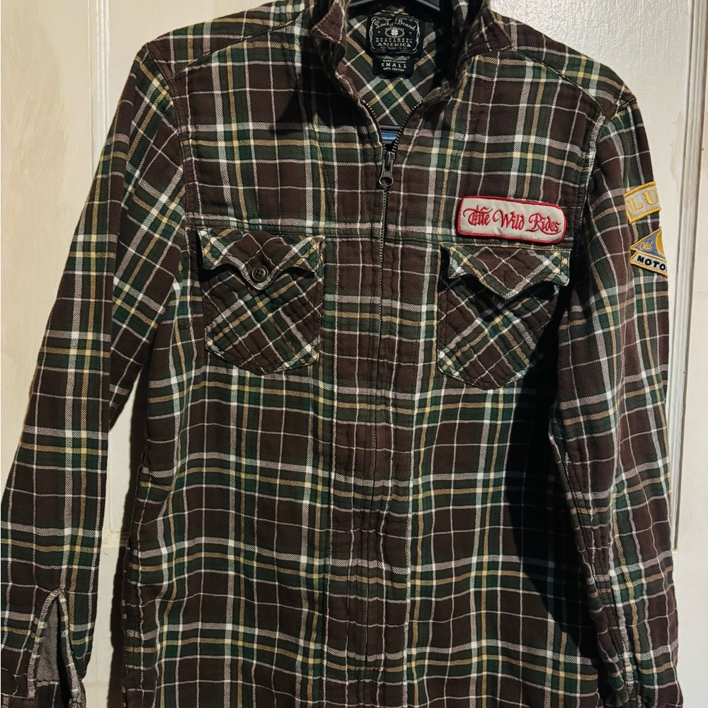 Lucky Brand Vintage Brown Plaid Zip-Up Work Shirt